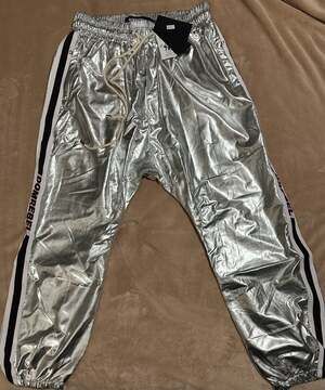 NWT DOMREBEL Montreal Silver Metallic Logo Tape Track Pants Size XXL